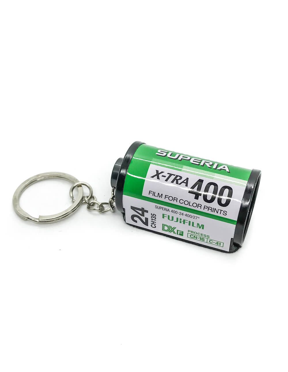 35mm green film keychain on white background fujifilm
