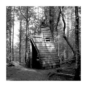 cabin in the woods at sunset black and white handmade vintage print